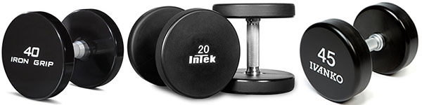 Examples of commercial dumbbells from the likes of Iron Grip, Ivanko, and Intek - love them I's