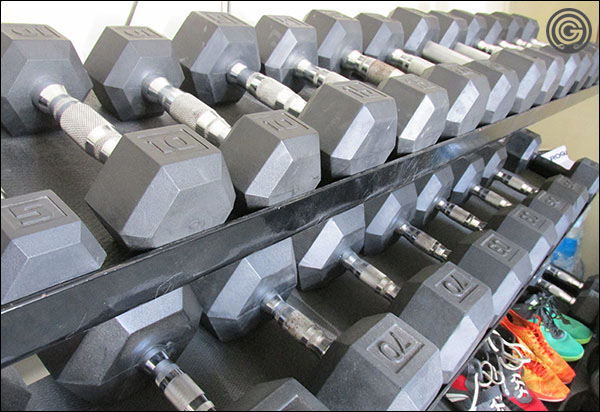 The Garage Gyms hodgepodge of hex dumbbells from Rogue, CAP, York, Rep, and Vulcan.